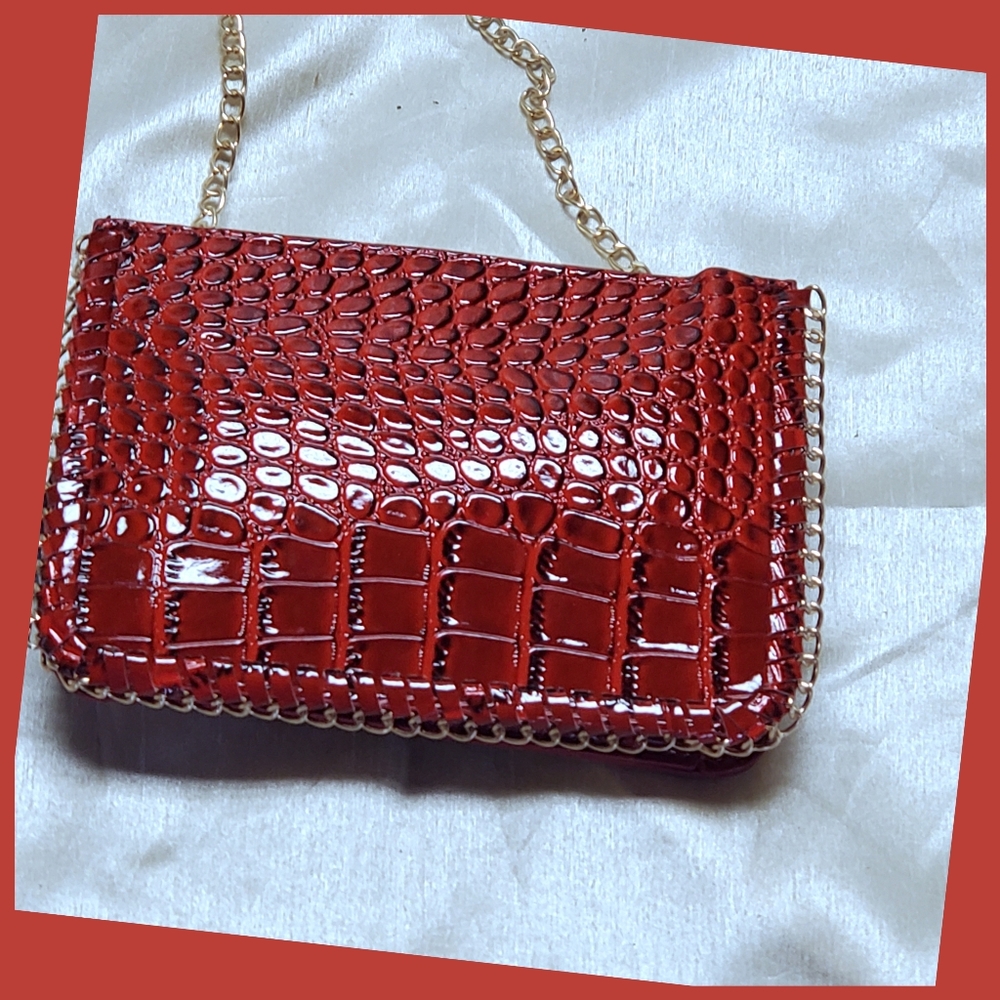 Vibrant Red Crocodile Embossed Chain Bag
